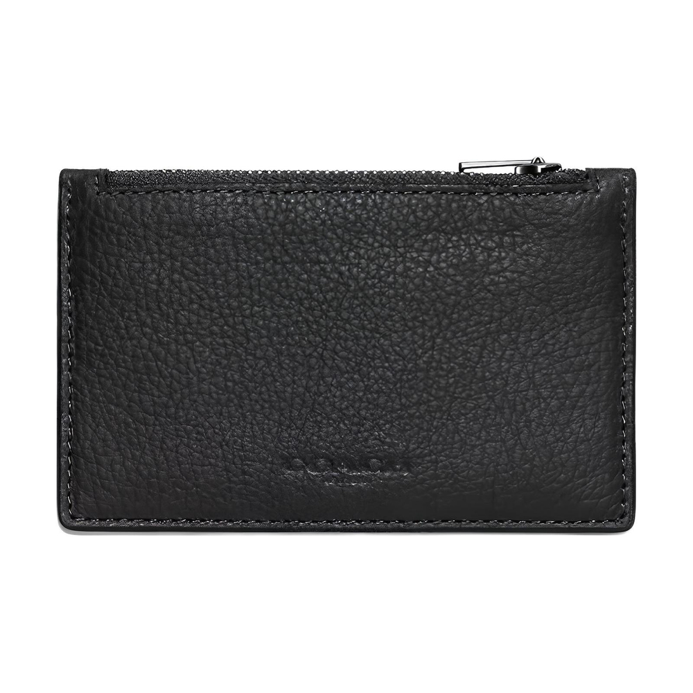 COACH Card Case Zip Closure Pebble Texture Cow Leather Coin Purse, Card Holder Unisex Black