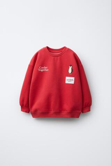ZARA ТОЛСТОВКА С ПИНГВИНАМИ И РЕЛЬЕФНЫМ ПРИНТОМ, КРАСНЫЙ