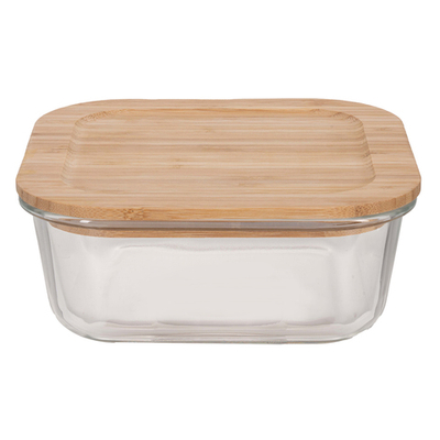 Контейнер стеклянный 800 мл с герметичной бамбуковой крышкой, пищевой, квадратный 150*150*60 мм