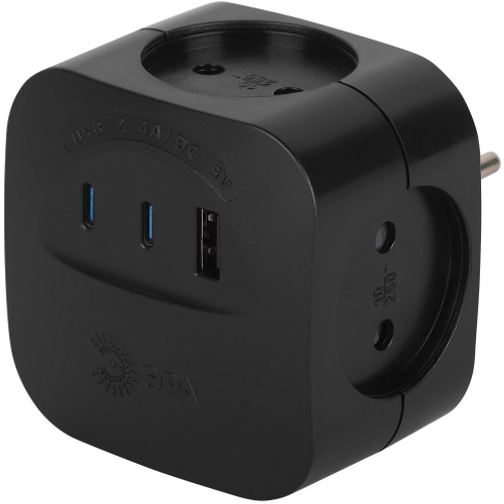 Разветвитель электрический ЭРА SP-4-3USBAC-B на 4 розетки + 3 USB A+C со шторками 10А черный | Тройники