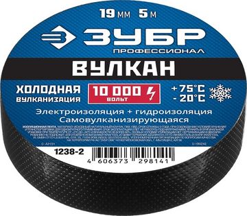 ЗУБР ВУЛКАН, 19 мм х 5 м, 10 000 В, черная, самовулканизирующаяся изолента, Профессионал (1238-2)
