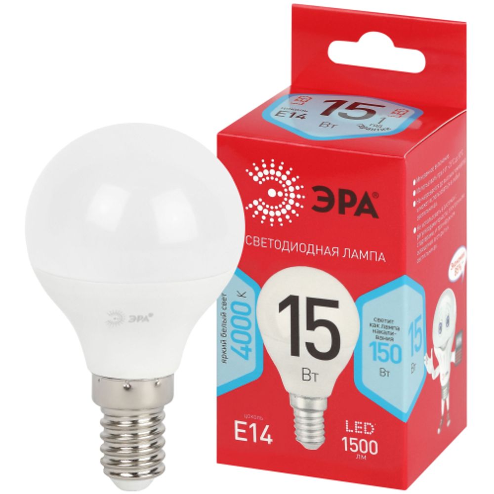 Лампа светодиодная ЭРА RED LINE LED P45-15W-840-E14 R 15Вт шар нейтральный белый свет E14 | Лампы cветодиодные Шар (G/P)