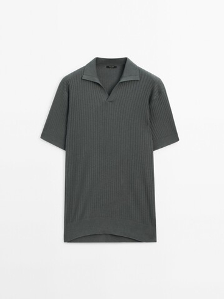 Massimo Dutti Поло из хлопка и льна в рубчик, серый