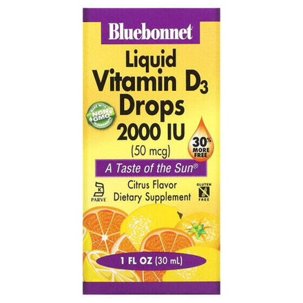 Витамин D Bluebonnet Nutrition, Жидкий витамин D3 в каплях с натуральным цитрусовым вкусом, 2000 МЕ, 30 мл (1 жидкая унция)