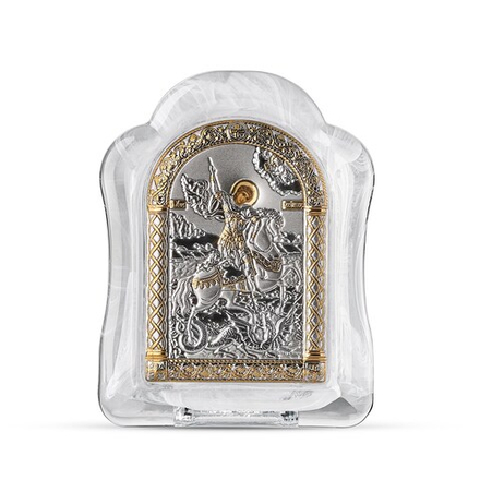 Георгий Победоносец, икона арочная, белое муранское стекло 86х112