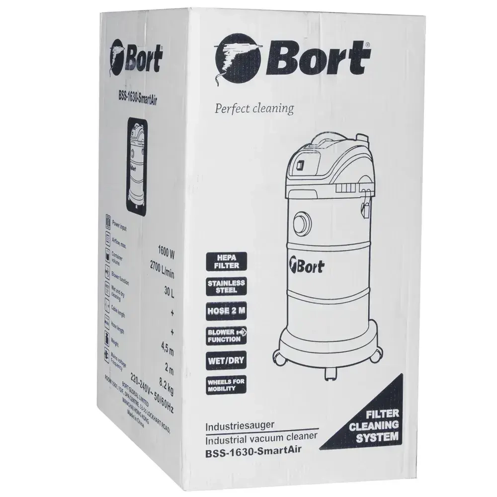 Строительный пылесос BORT BSS-1630-SmartAir, 320 Вт, 30 л, полуавтоматическая очистка фильтра, шланг 3 м, розетка