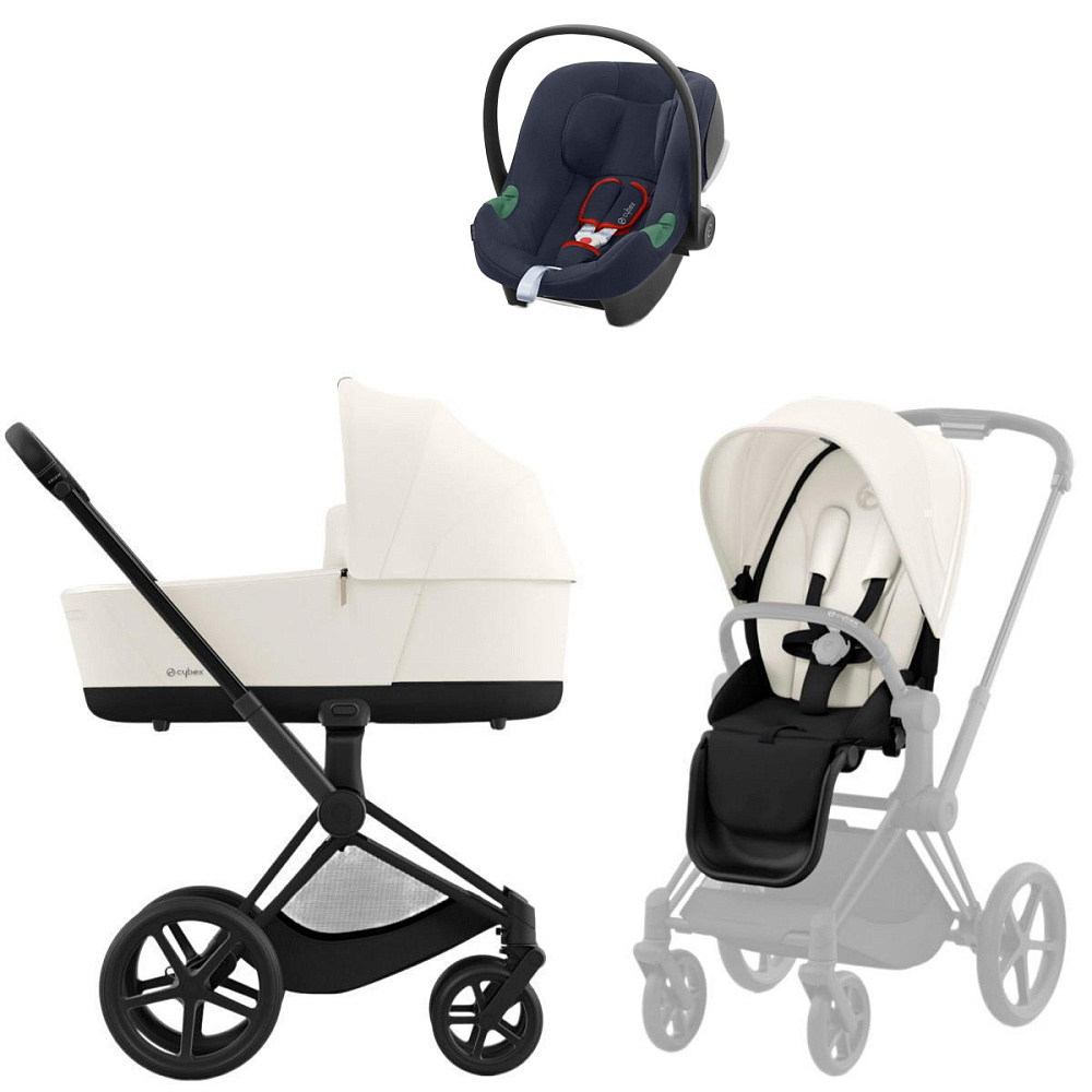 Коляска Cybex Priam IV Matt Black complete Aton B2 Bay Blue Base One 4 в 1 Off White