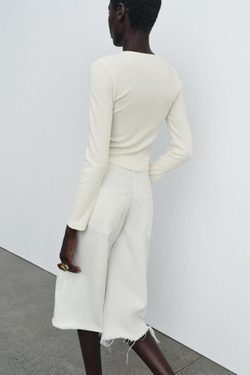 ZARA ФУТБОЛКА В РУБЧИК С ДЛИННЫМИ РУКАВАМИ, ЭКРЮ