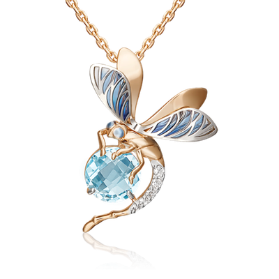 Подвеска «Стрекоза» из комбинированного золота с топазом, натуральными топазами white и эмалью