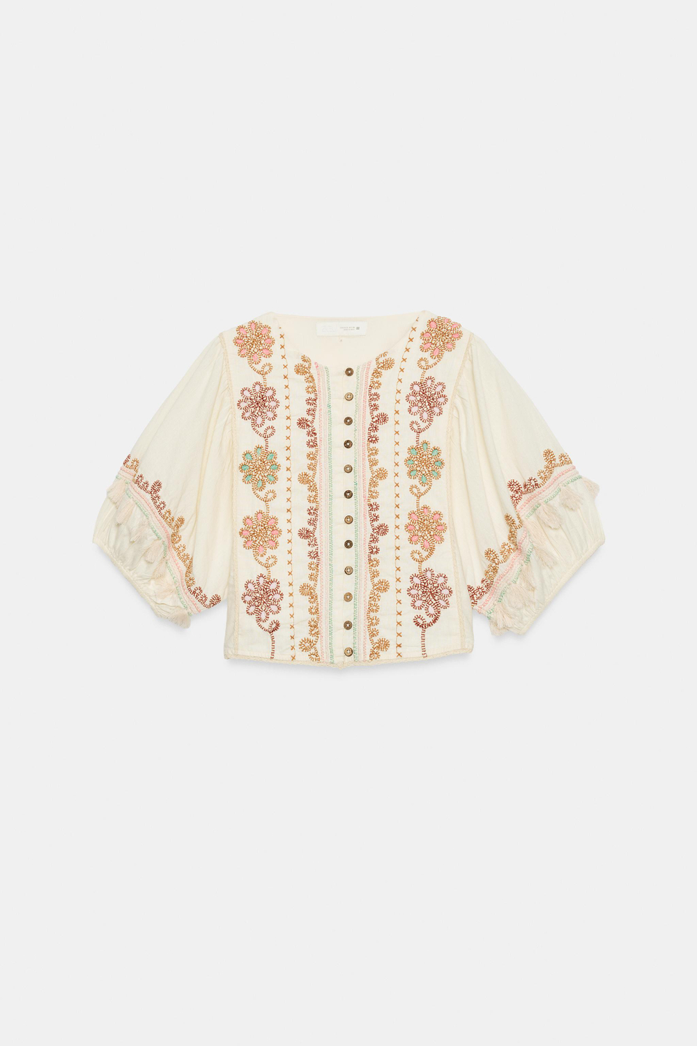 ZARA БЛУЗА С ВЫШИВКОЙ И БАХРОМОЙ, ЭКРЮ