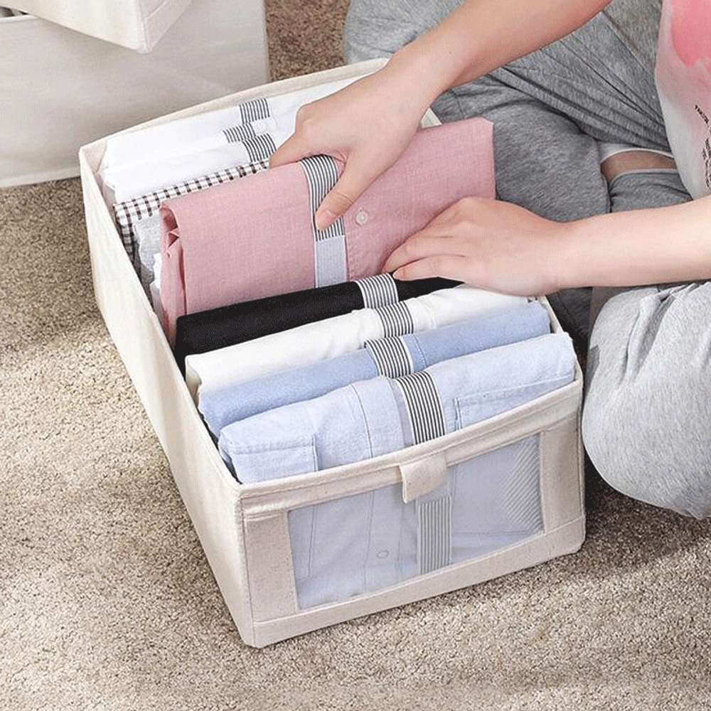 Органайзер для хранения вещей одежды / коробка для полотенец белья с окном / ящик для хранения 40х27х17см, бежевый