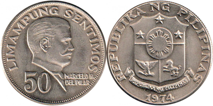 Филиппины 50 сентимо, 1967 - 1974 Марсело дель Пилар XF
