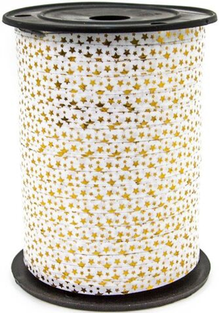 Лента (0,5 см*228,6 м) Золотые звезды, Белый, Металлик, 1 шт.