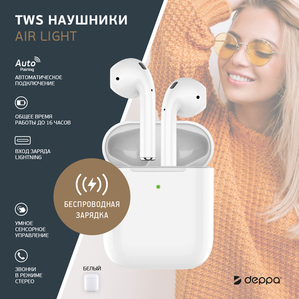 Беспроводные наушники с микрофоном Air Light, TWS, BT 5.3, 250 мАч, QI, белый
