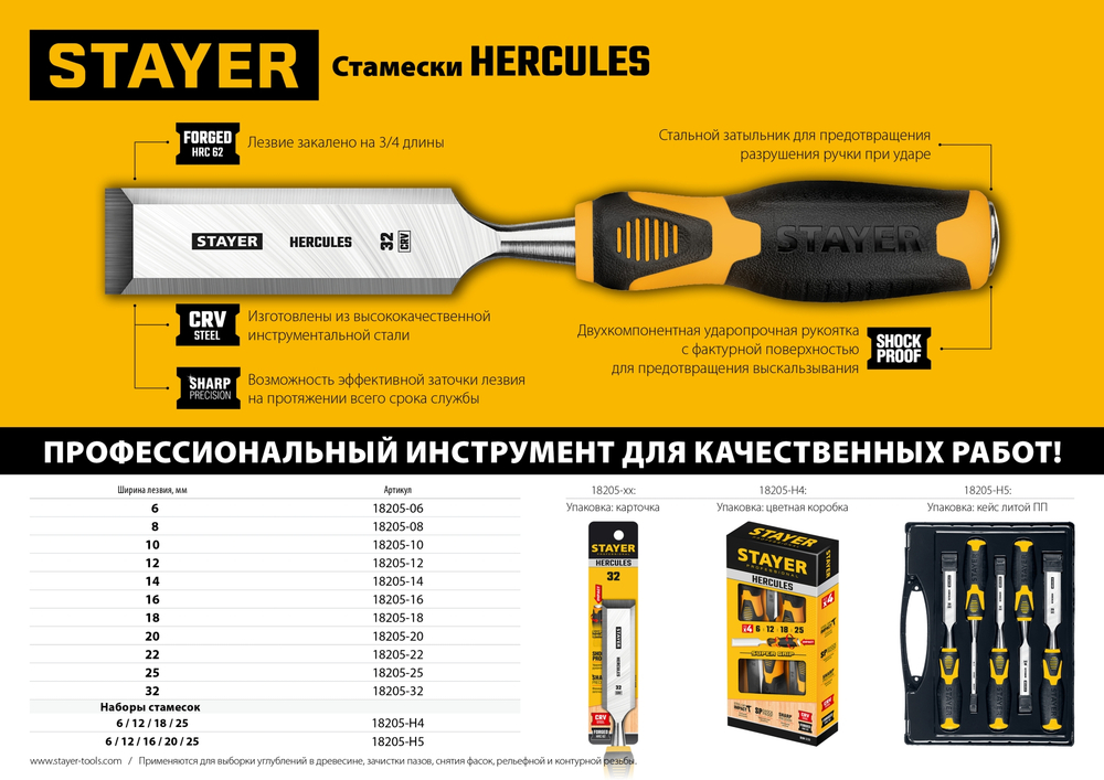 STAYER Hercules, 5 предм., набор стамесок-долот, Professional (18205-H5)