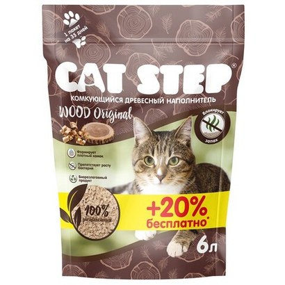 Наполнитель комкующийся растительный CAT STEP Wood Original АКЦИЯ (+20% бесплатно), 6 л