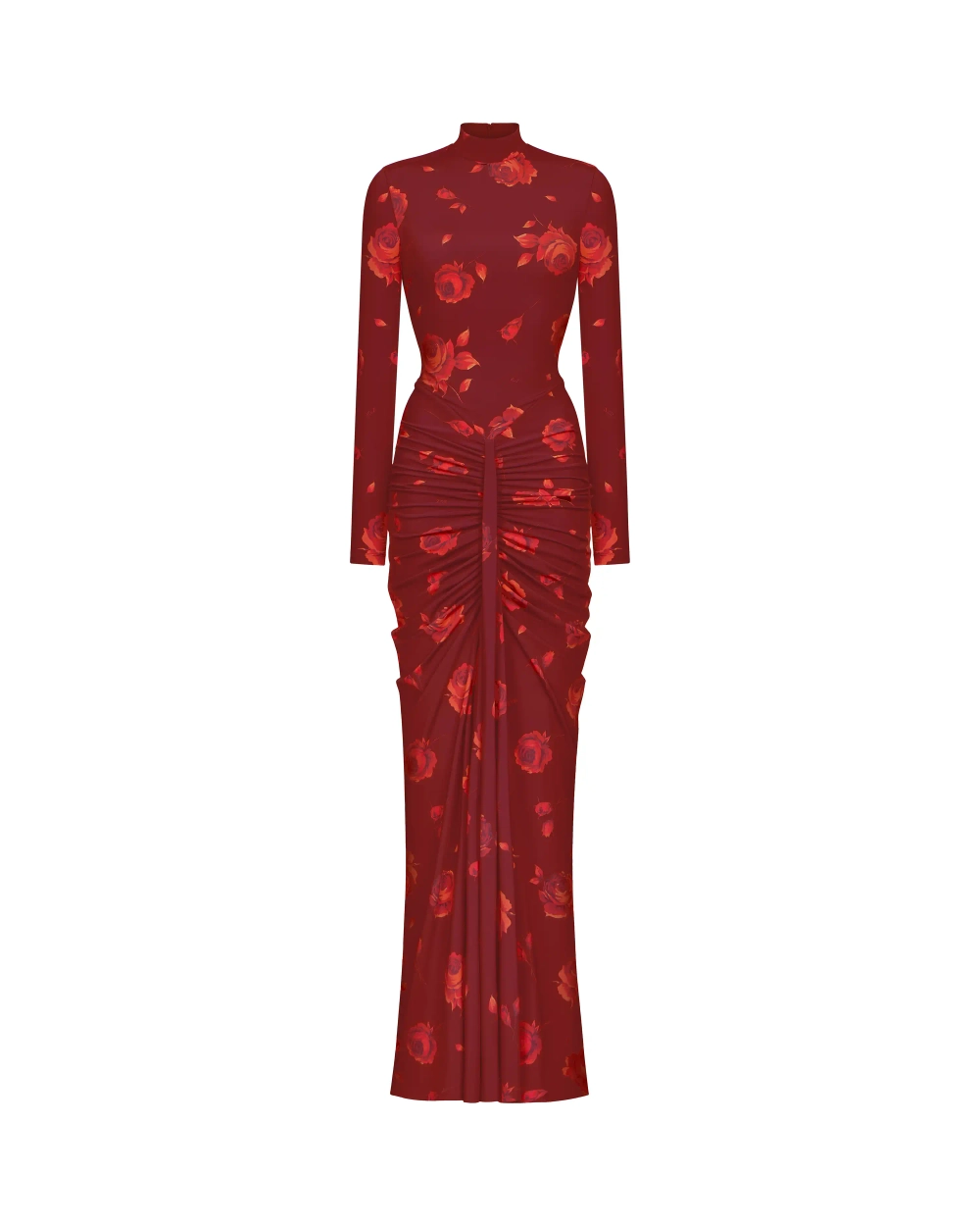 Иви макси (Ivy sleeves), платье макси из бордового бифлекса с цветочным принтом