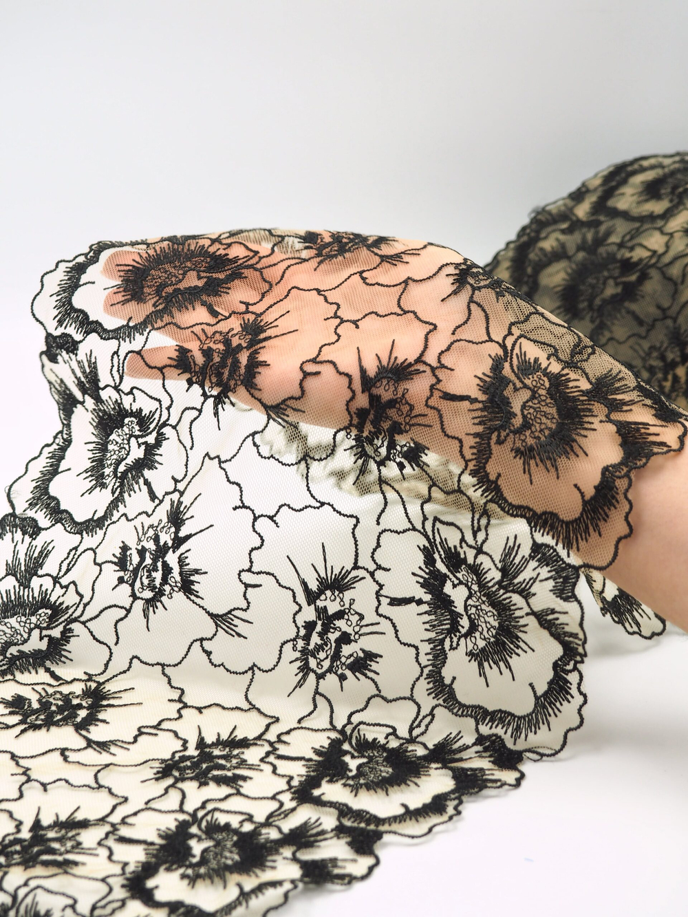 Вышивка на сетке загорелая телесная с черным неэластичная ширина 25 см ОТРЕЗ 1,55 м