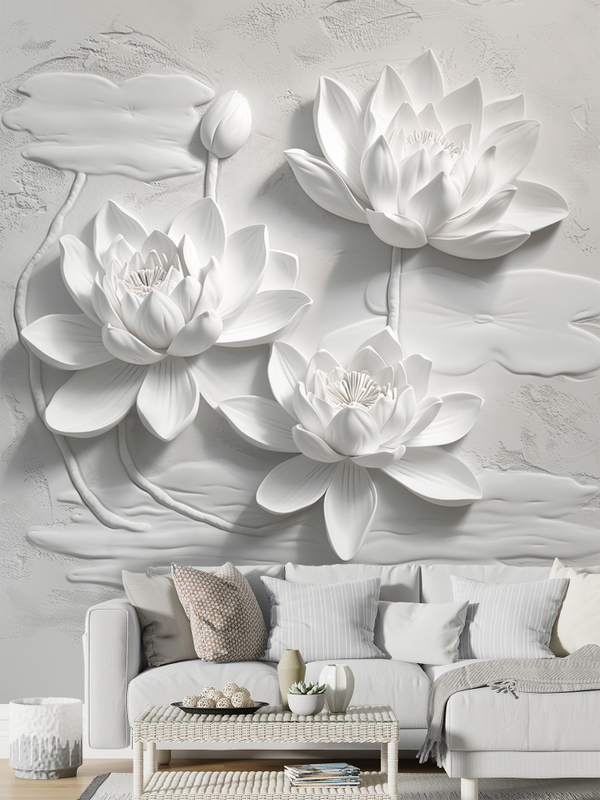 3D объемные фотообои белые цветы барельеф