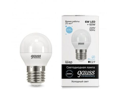 Лампа Gauss Elementary Шар G45 E27 6W(470lm) 6500K 6K 83x45 матовая, пластик/алюминий 53236