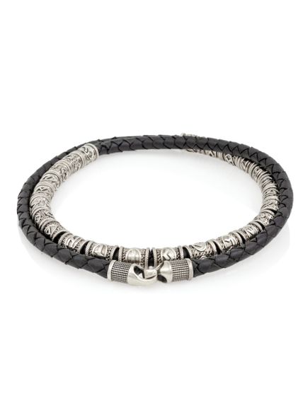 Браслет набор рун 24 шт из мельхиора на черном кожаном шнуре с замком Captain Hook, завернутый в два оборота