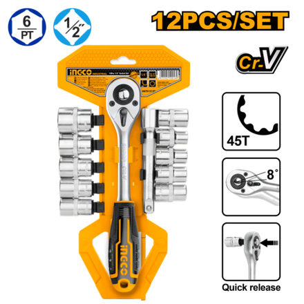 Набор торцевых головок с трещоткой INGCO HKTS12122 INDUSTRIAL 1/2" 10-24 мм 12 шт.