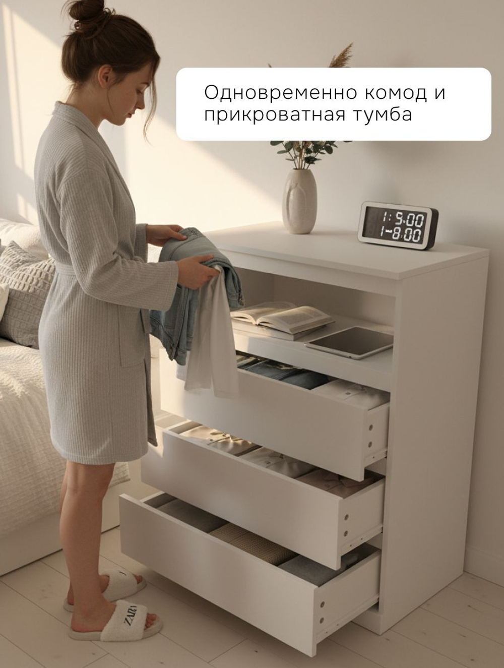 Комод 70х35х89 Марм, с ящиками для одежды и игрушек, в прихожую, детскую, 3 ящика и ниша, белый, Dipriz