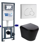Унитаз подвесной WeltWasser MARBERG 410 + SALZBACH 043 MT-BL + MAR 410 RD GL-WT черный матовый, безободковый, с крышкой микролифт, слив торнадо, с инсталляцией и белой глянцевой кнопкой