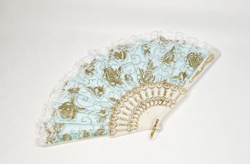 Веер "Вьюнок" бирюзовый с золотом раскрытие 170 градусов