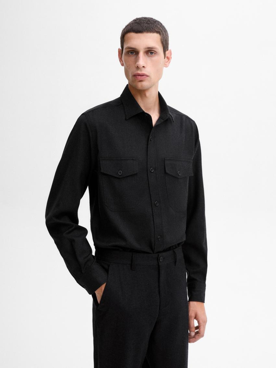 Massimo Dutti Куртка-рубашка из смесовой шерсти с карманами, темно-синий