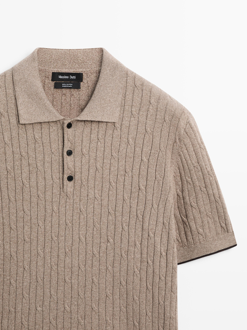 Massimo Dutti Свитер поло из смесового хлопка с узором «косы», бежевый