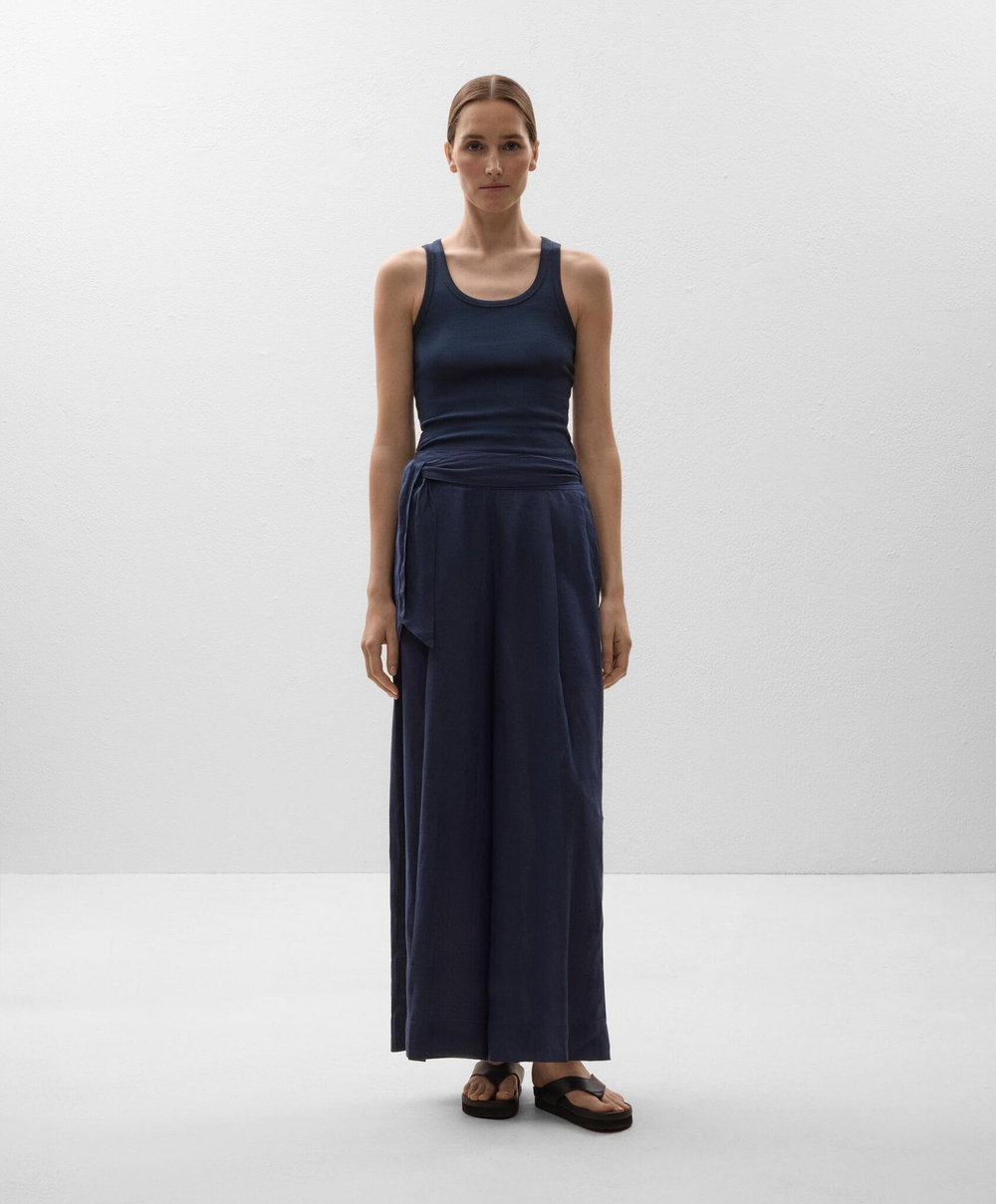 OYSHO Брюки широкие с завязками из 100% льна, темно-синий