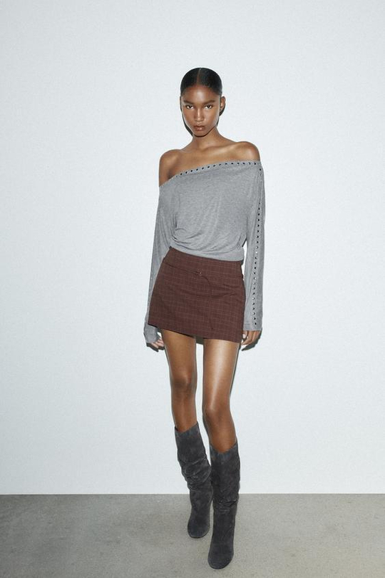 ZARA ЮБКА-ШОРТЫ С РЕМНЕМ, СЕРО-ГРАНАТОВЫЙ