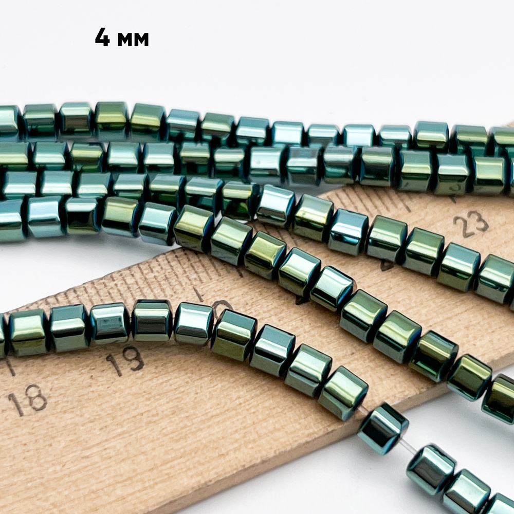 Гематит Куб бусины (имитация), цвет зеленый, размер около 3,9*3,8 мм, цена за отрезок 19 см (1/2 нити)