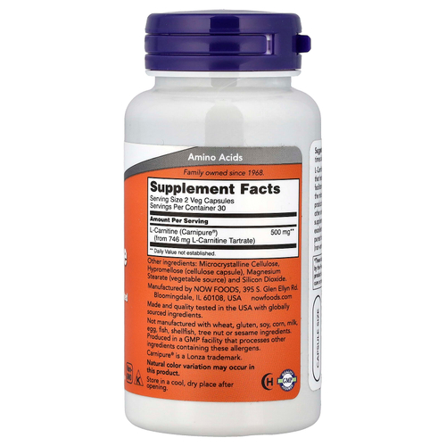 NOW Foods, L-карнитин, 250 мг, 60 растительных капсул