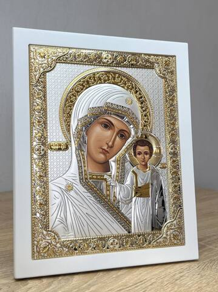 Казанская БМ, икона прямоугольная с рамкой, белое дерево 210х260