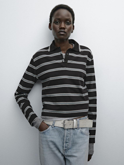 Massimo Dutti Свитер поло из хлопка в полоску, коричневый