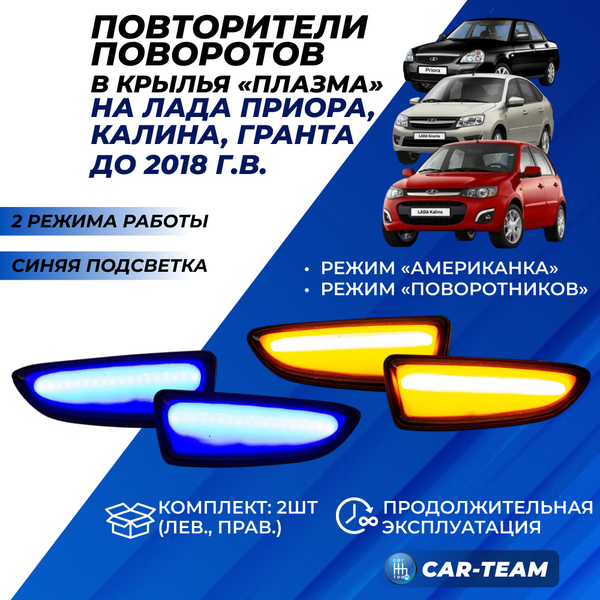 Повторители поворотов в крылья Лада Приора, Гранта, Калина "Плазма" плавающие с режимом RGB, синяя подсветка