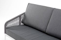 "Канны" диван 3-местный плетеный из роупа, каркас алюминий белый муар, роуп светло-серый круглый, ткань серая 017