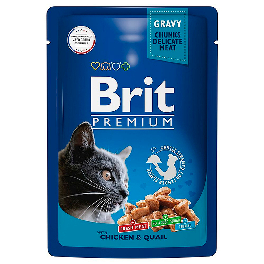 Влажный корм Brit Premium с цыпленком и перепелкой в соусе, для взрослых кошек, 85 г.
