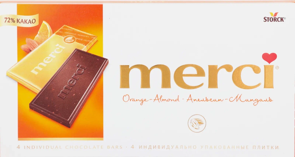 Шоколад Горький Апельсин и миндаль Merci 72% 100г