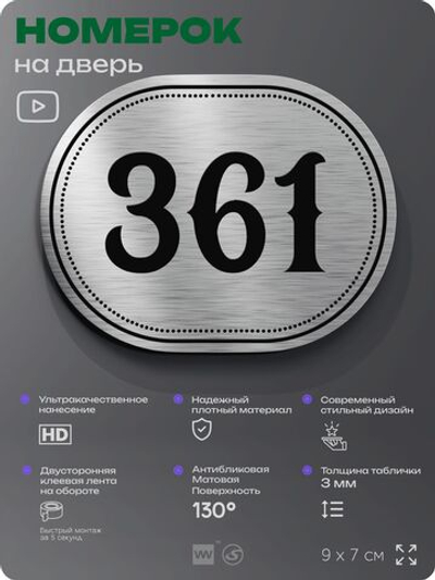 Номерок на дверь квартиры 361, для кабинета, офиса, шильдик 9 х 7 см, брашированная сталь, Айдентика Технолоджи
