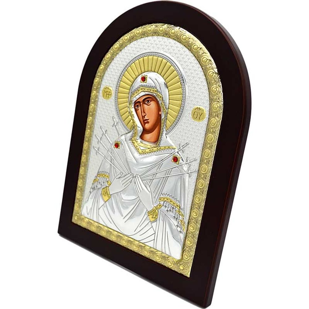 Семистрельная икона Божьей Матери в серебряном окладе.