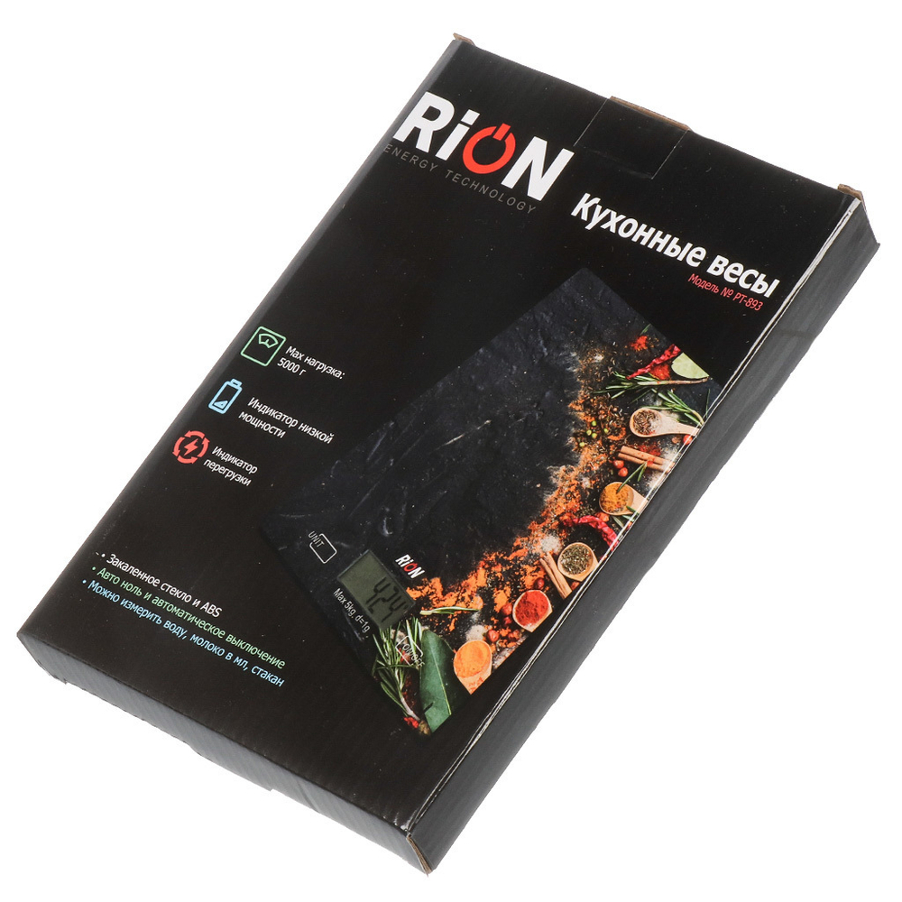 Весы кухонные электронные, стекло, Rion, Специи, точн 1 г, до 5 кг, LCD-дисп, PT-893