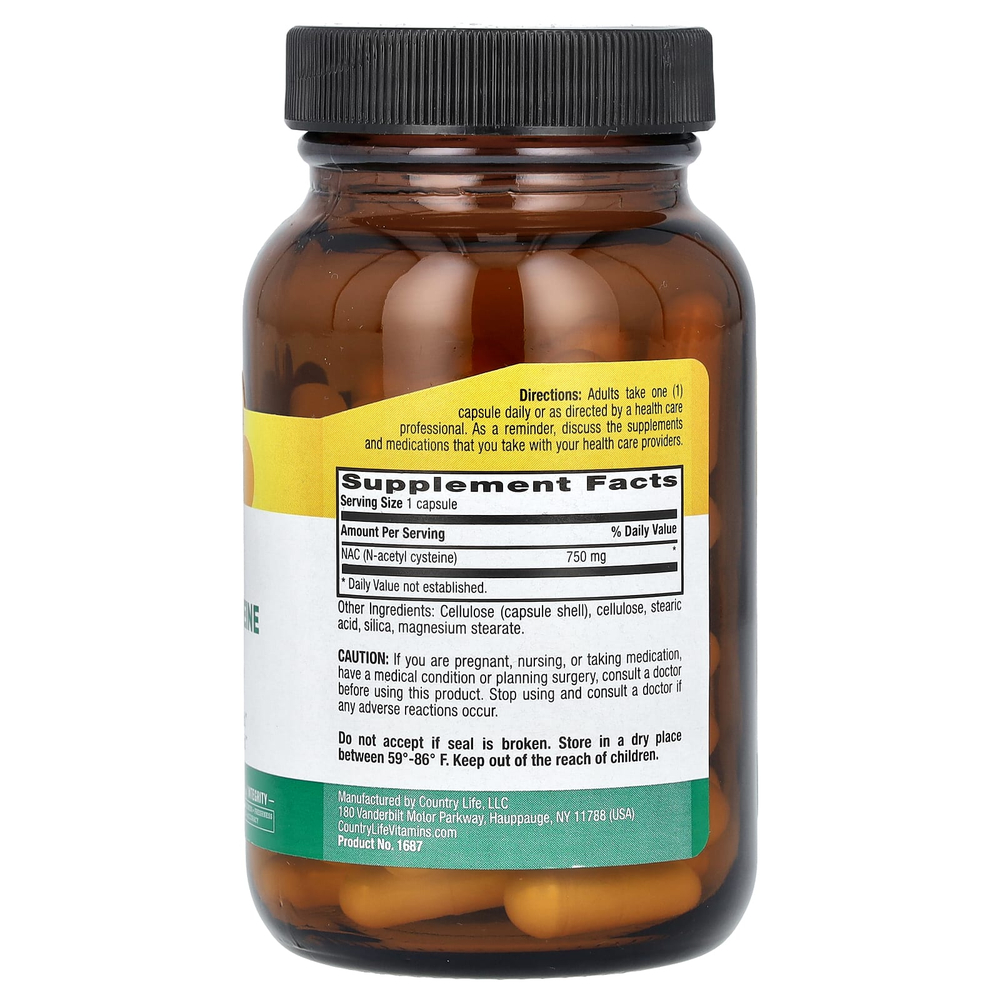 Country Life, NAC, N-ацетилцистеин, 750 мг, 60 веганских капсул
