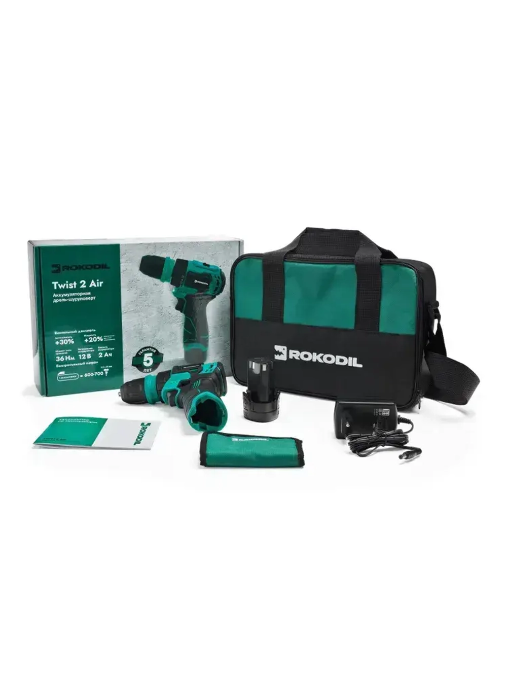 ROKODIL / Бесщеточный аккумуляторный шуруповерт 12В 36Нм 1АКБ / Rokodil Twist 2 Air (set 1), блокировка шпинделя, металлический патрон, кейс, оснастка в комплекте