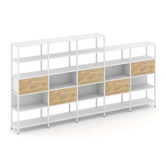 Shelf System Пятисекционный стеллаж пятиярусный с ящиками SN.STM-551 Белый/Тиквуд Светлый/Металл Бел