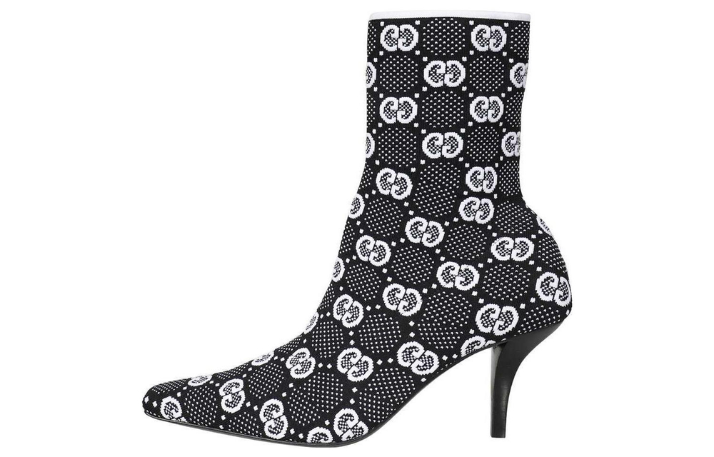 GUCCI Gg 75mm Knit Ankle Boots Black White Fabric Women"s