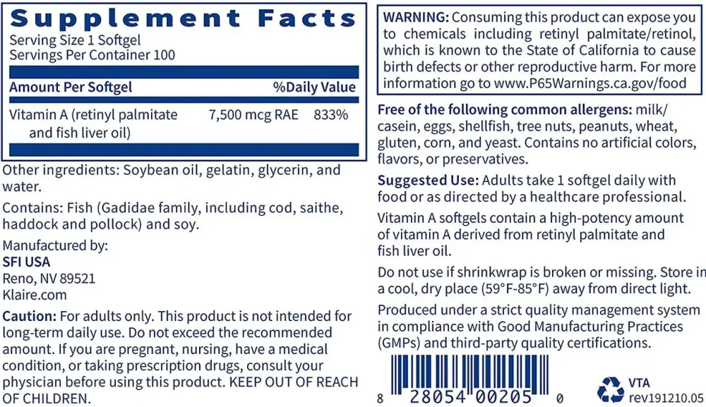 Klaire Labs - Vitamin A 100 softgels