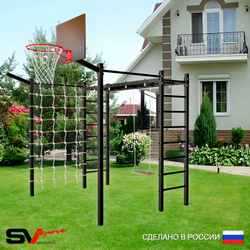 Уличная шведская стенка Sv Sport рукоход с комплектом турник прямой 2шт У5037К (Деревянные/Щит баскет/Кронш бокс/Сетка)